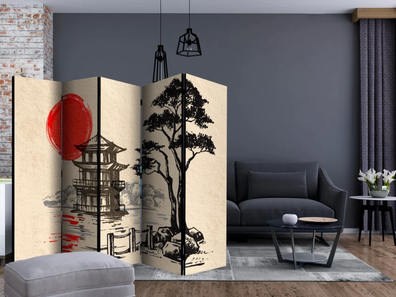 Parawan 5-częściowy - Domek nad stawem II [Room Dividers]