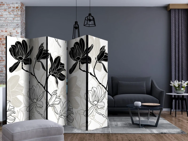 Parawan 5-częściowy - Kwiaty B&W II [Room Dividers]