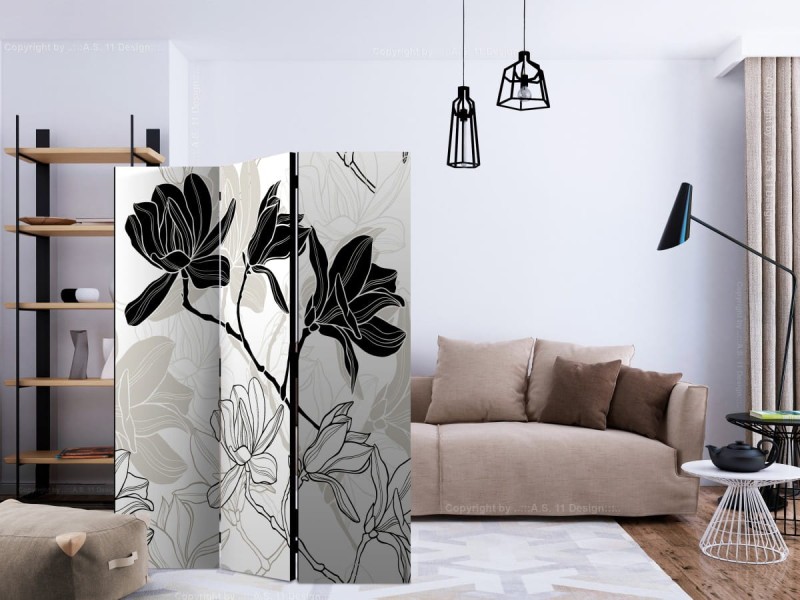 Parawan 3-częściowy - Kwiaty B&W [Room Dividers]