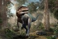 Fototapeta Realistyczny dinozaur i palmy