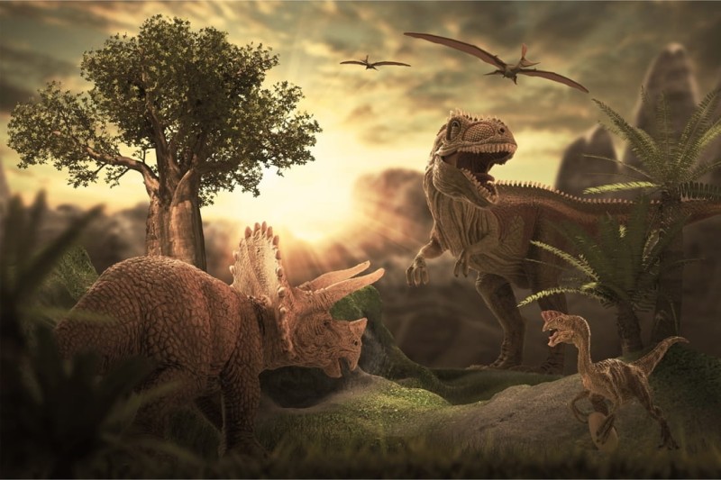 Fototapeta Dinozaury o zachodzie słońca