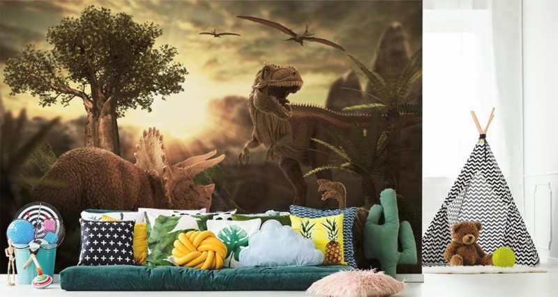 Fototapeta Dinozaury o zachodzie słońca