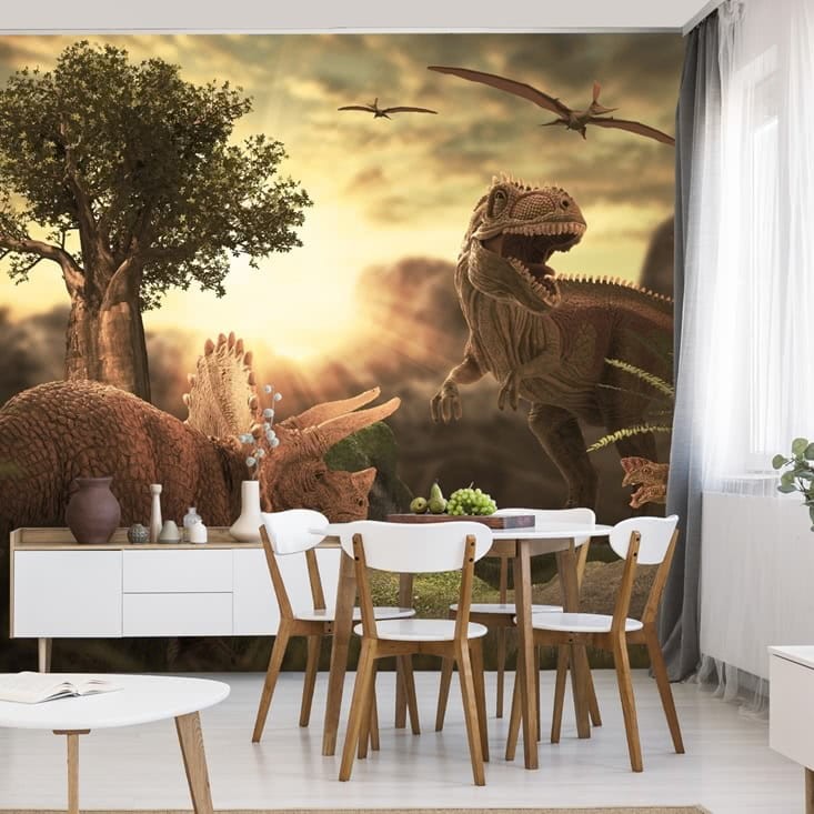 Fototapeta Dinozaury o zachodzie słońca