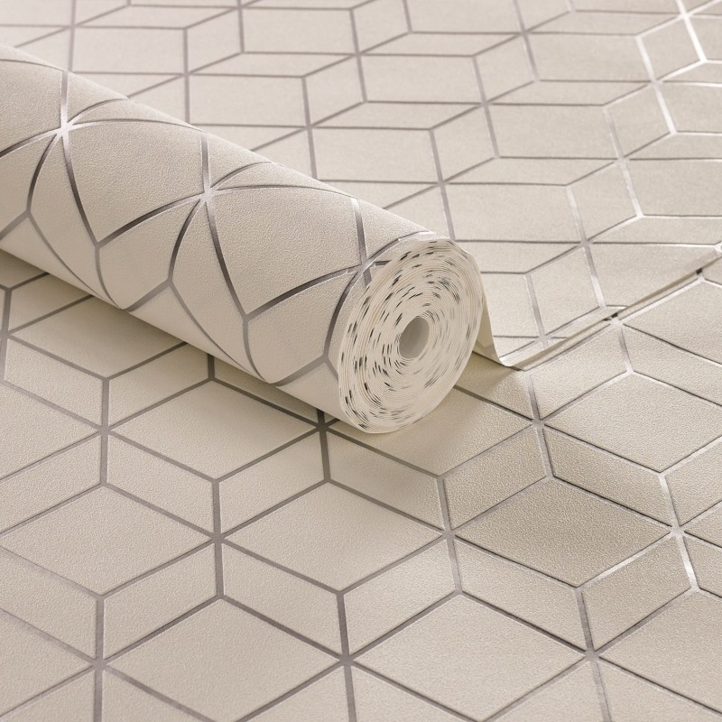 Biała tapeta z geometrycznym srebrnym linearnym wzorem