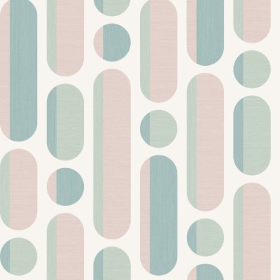 Biała tapeta w różowo-zielony wzór geometryczny w stylu retro