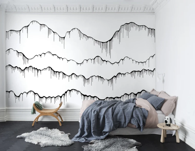 Fototapeta biało-czarna z liniami, kreskami przypominającymi fale, góry
