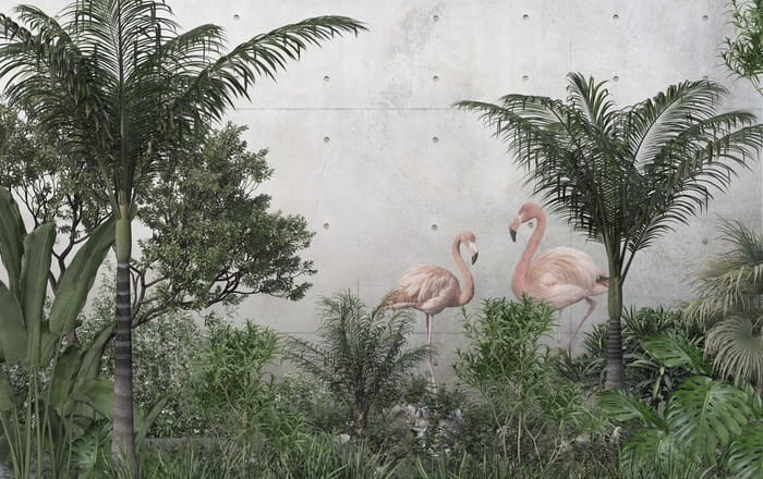 Fototapeta Tropikalna dżungla i flamingi na betonie