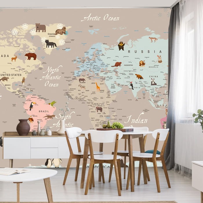 Fototapeta dla dzieci Mapa świata i zwierzęta