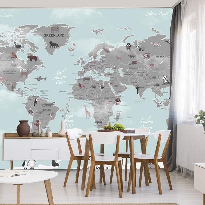 Fototapeta dla dzieci Mapa świata i zwierzęta na niebieskim tle