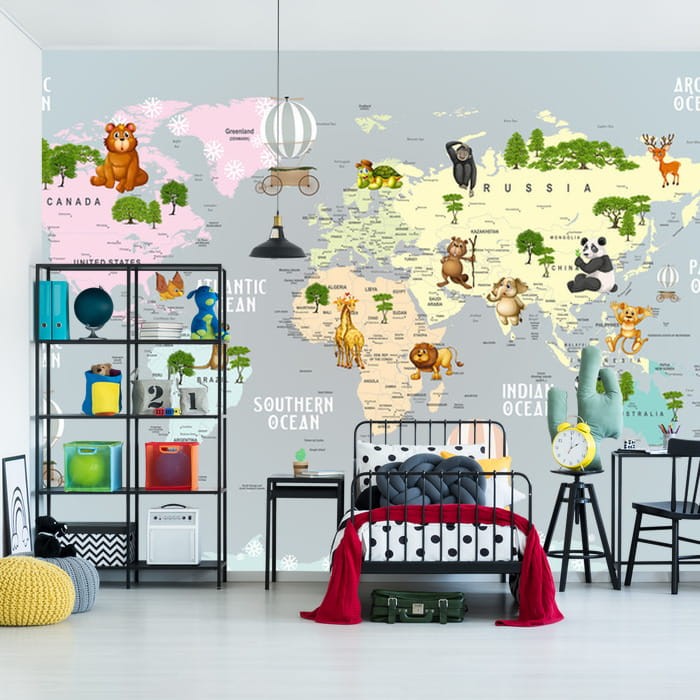 Fototapeta dla dzieci Mapa świata i zwierzątka