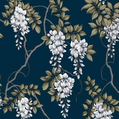 Granatowa tapeta z roślinnym wzorem wisteria