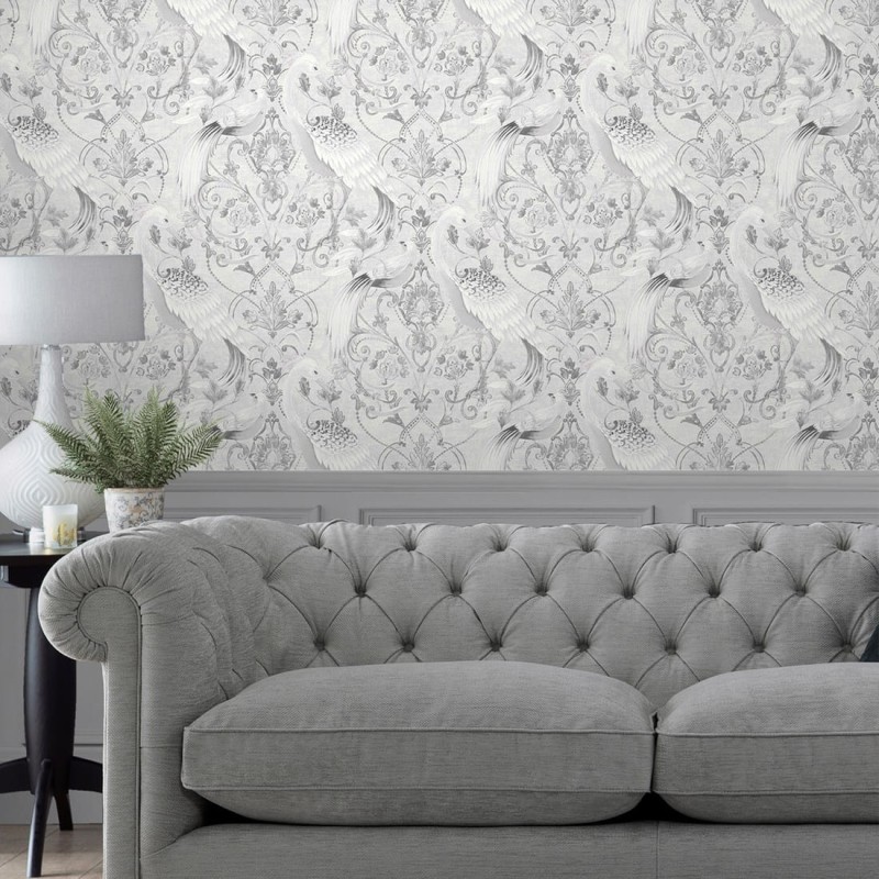 Tapeta na flizelinie w srebrne ornamenty i egzotyczne ptaki
