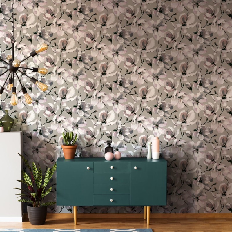 Szara tapeta winylowa na flizelinie w kwiaty magnolii
