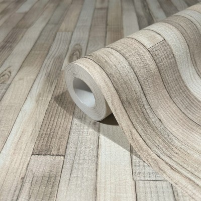 Beżowa tapeta winylowa na fizelinie z motywem drewna