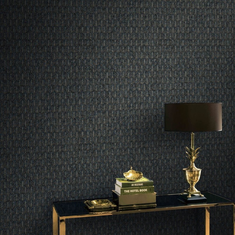 Granatowa tapeta na flizelinie łuki art deco