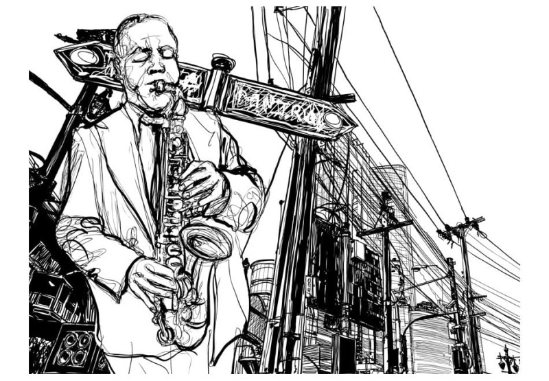 Fototapeta - Saxophone recital on Broadway