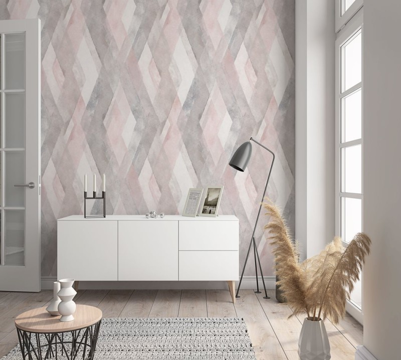 Tapeta z geometrycznym wzorem szary i róż