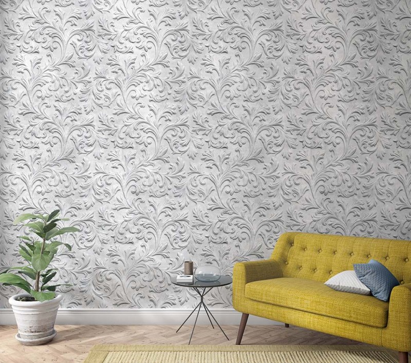 Jasnoszara fototapeta w roślinne ornamenty