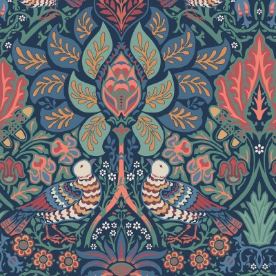 Niebieska tapeta w stylu vintage z motywem kwiatów i gołębi