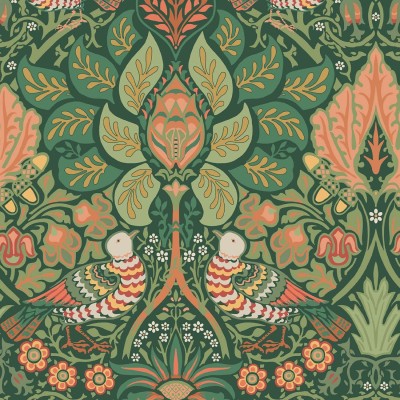 Zielona tapeta w stylu vintage z motywem kwiatów i gołębi