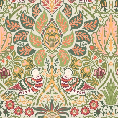 Zielona tapeta w stylu vintage z motywem kwiatów i gołębi