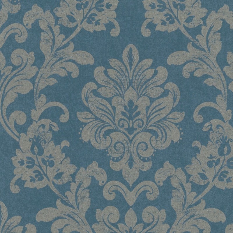 Niebieska tapeta na flizelinie w srebrne ornamenty
