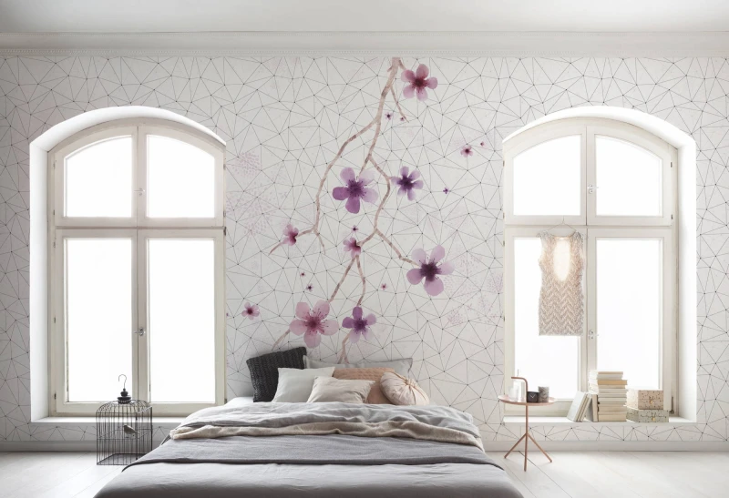 Fototapeta gałązki wiśni na tle geometrycznych trójkątów