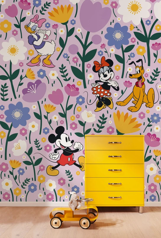 Fototapeta Myszka Miki, Daisy i Pluto wśród kwiatków