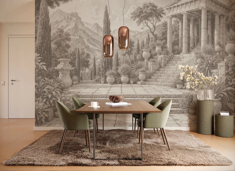 Fototapeta starożytna architektura z pasmami górskimi w tle