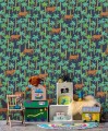 Granatowa fototapeta w pomarańczowe lamparty i zielone palmy