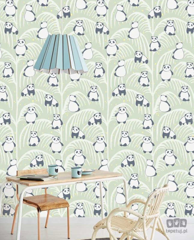 Zielona tapeta na flizelinie dla dzieci w pandy i liście palm mural