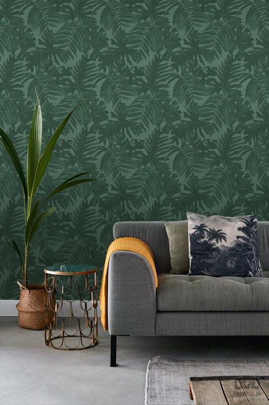 Zielona tapeta na flizelinie w bujne liście palmy monstera tropikalna