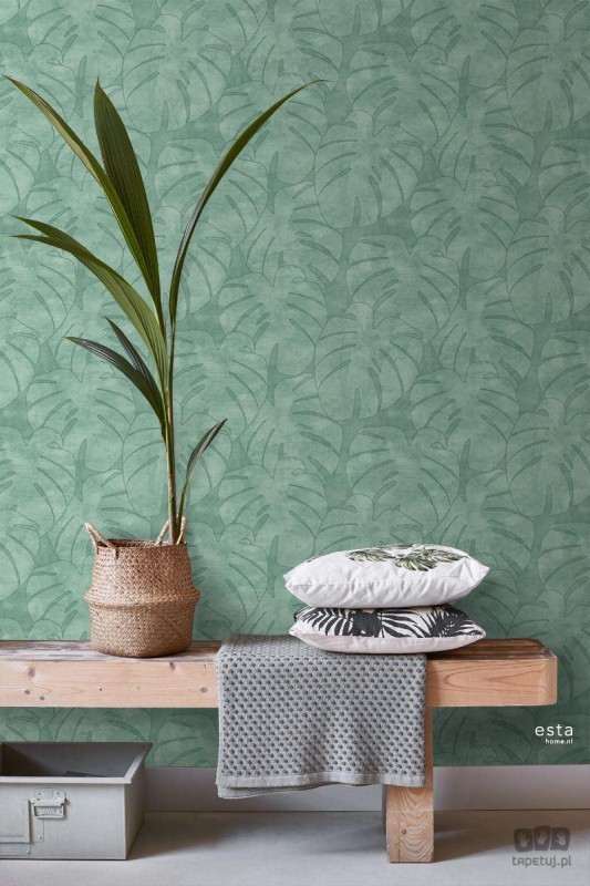 Zielona tapeta na flizelinie w liście monstera tropikalna