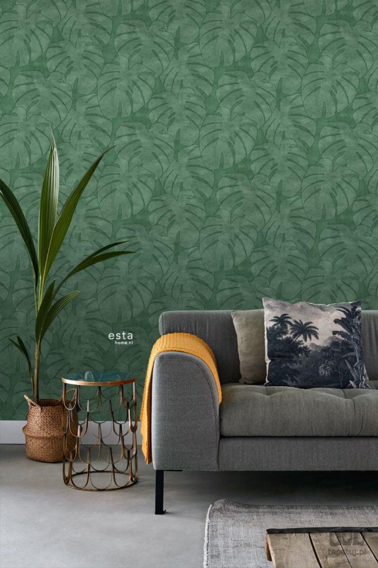 Zielona tapeta na flizelinie w liście monstera tropikalna