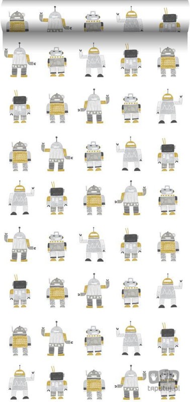 Tapeta na flizelinie biała w szare i żółte roboty