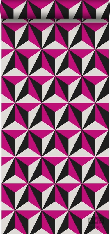 Geometryczna czarno-biała tapeta z różowym akcentem