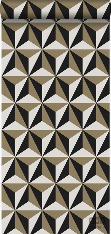Geometryczna czarno-biała tapeta z brązowym akcentem