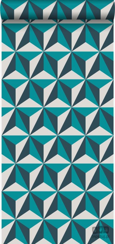 Geometryczna czarno-biała tapeta z niebieskim akcentem