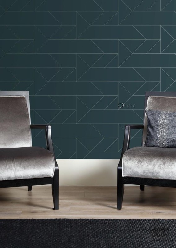 Niebieska tapeta w srebrne linie wzór geometryczny