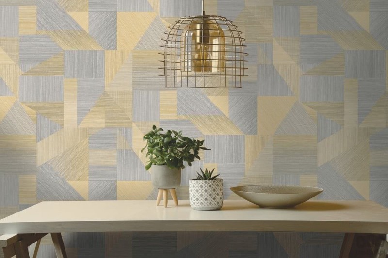 Szaro-żółta tapeta na flizelinie geometryczna imitacja paneli