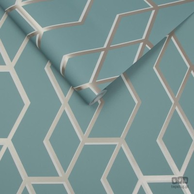 Miętowa tapeta w złoto-biały wzór geometryczny