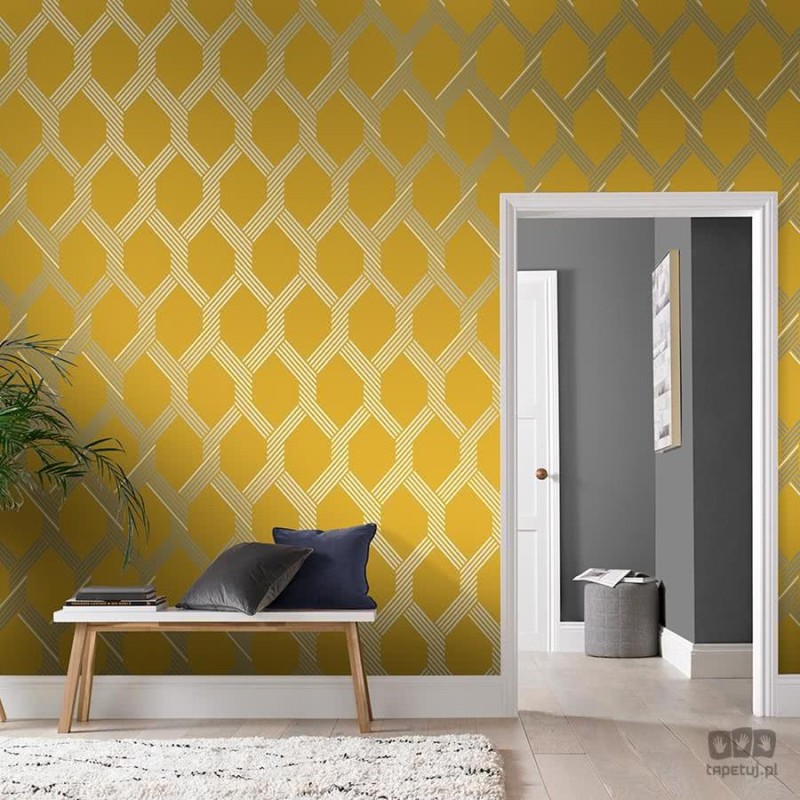 Żółto-musztardowa tapeta wzór geometryczny