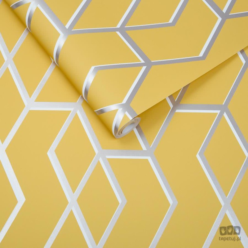 Żółta tapeta w srebrno-biały wzór geometryczny