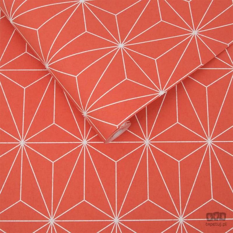 Koralowa tapeta w białe linie wzór geometryczny