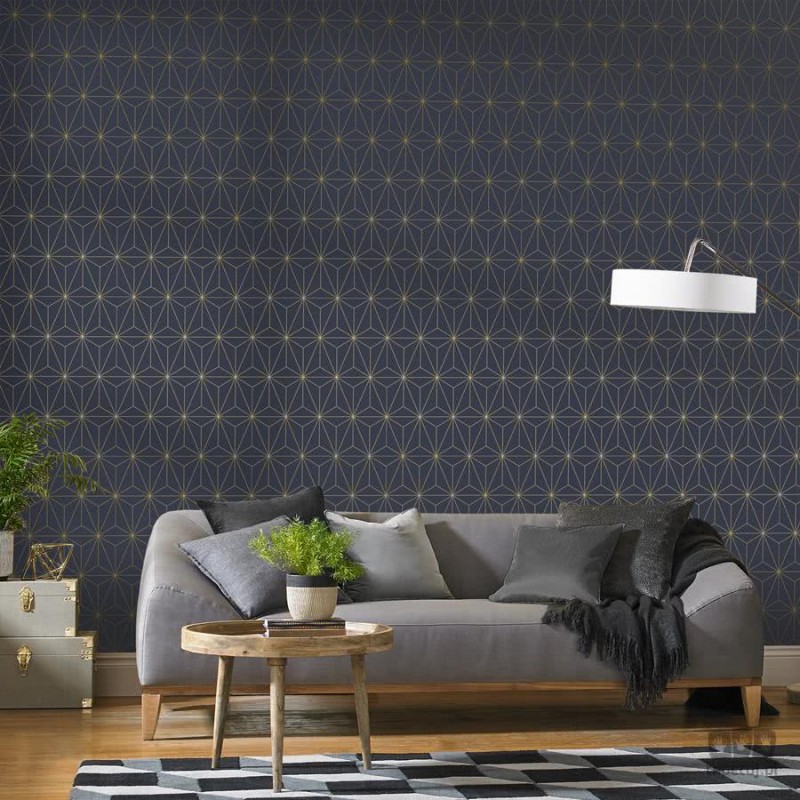 Granatowa tapeta w złote linie wzór geometryczny