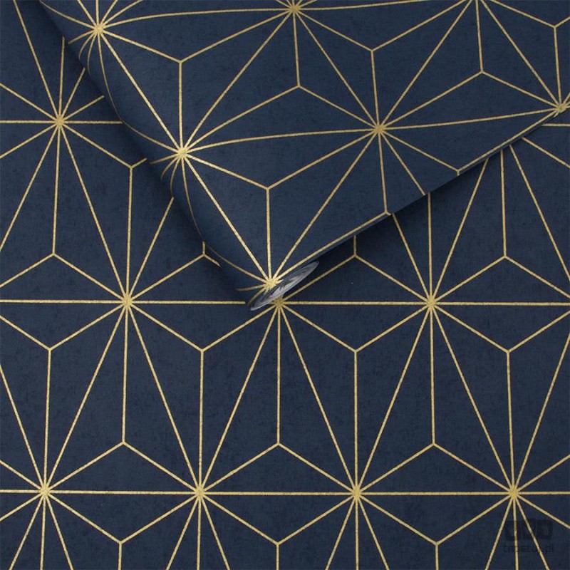 Granatowa tapeta w złote linie wzór geometryczny
