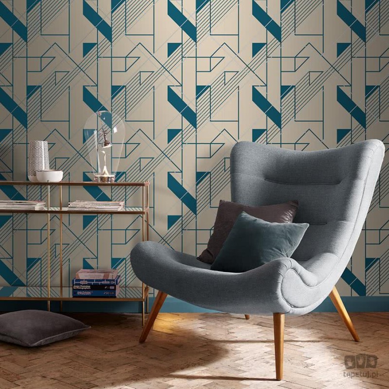 Złota tapeta w niebieski wzór geometryczny