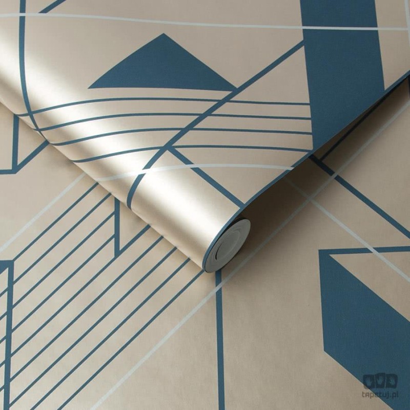Złota tapeta w niebieski wzór geometryczny