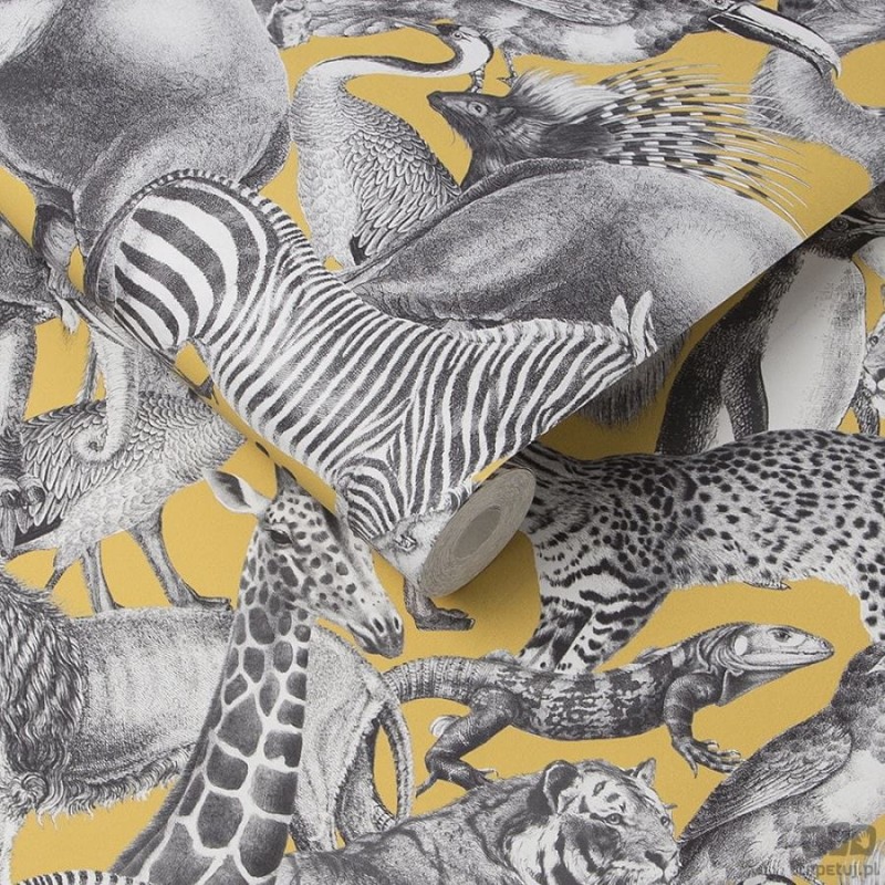 Egzotyczna tapeta motyw zwierzęcy na musztardowym, matowym tle
