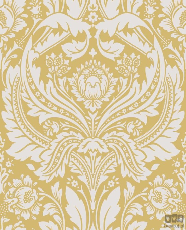 Żółta tapeta na flizelinie w srebrny ornament adamaszek